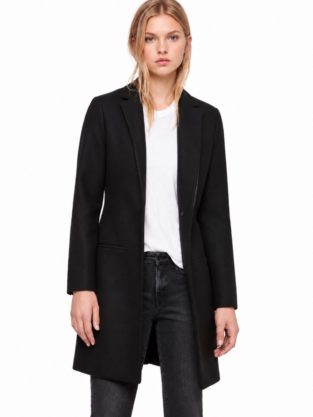 AllSaints Leni Coat Black Wool Lamb Leather Trim US Size 2 EUC!